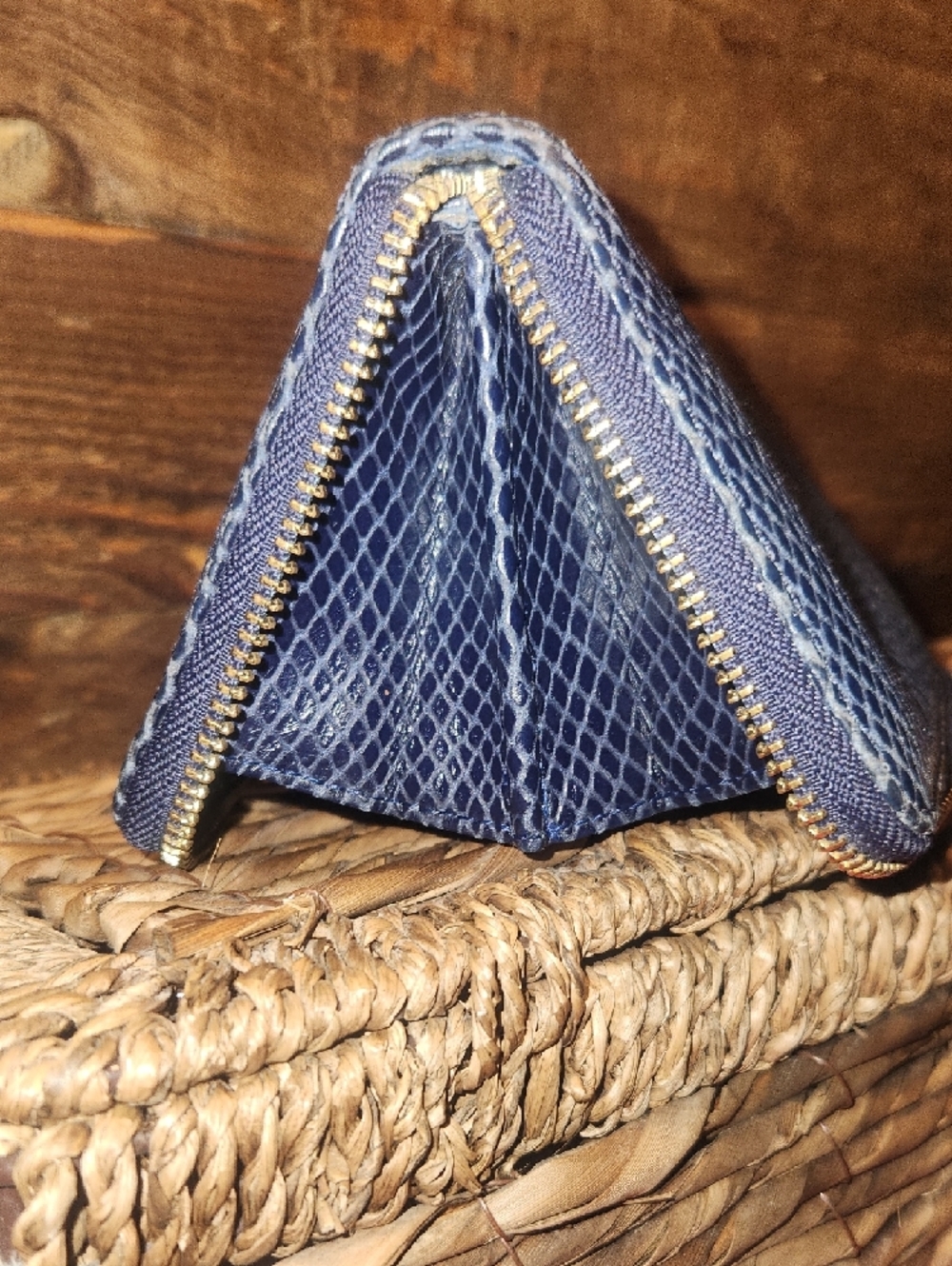 Michael Kors Navy Blue Snake-Embossed Zip Wallet with Gold Plaque - Picture 10 of 13